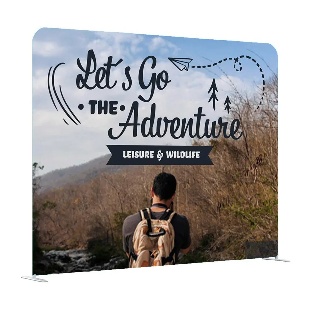 Custom trade show banner featuring a hiker and adventure-themed graphics.