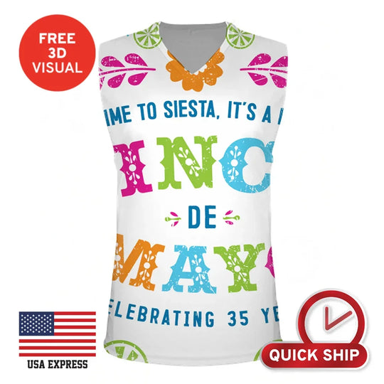 Custom V-neck white t-shirt with colorful Cinco de Mayo graphics