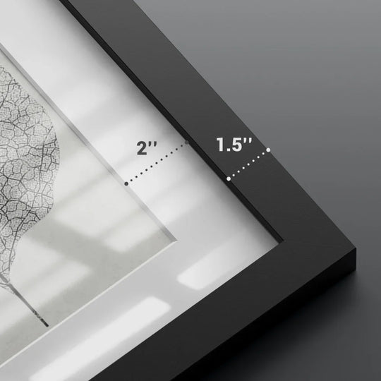 Close-up of a black picture frame showing 2-inch and 1.5-inch depth measurements.