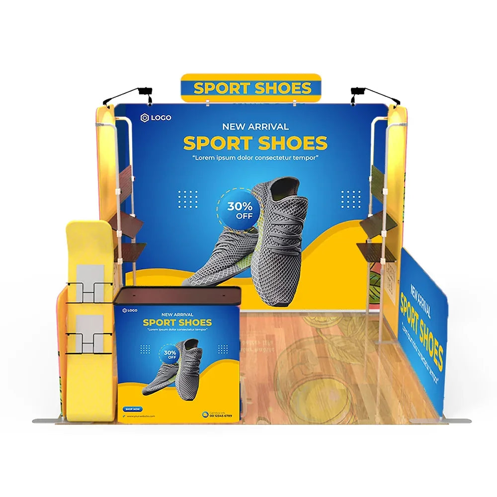 Custom promotional trade show display booth for sport shoes featuring blue and yellow graphics.