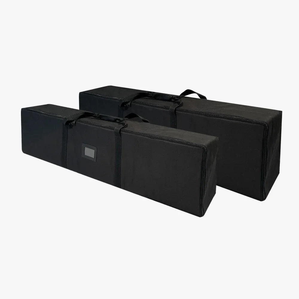 Two black rectangular carrying bags for event equipment