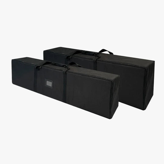 Two black rectangular carrying bags for event equipment