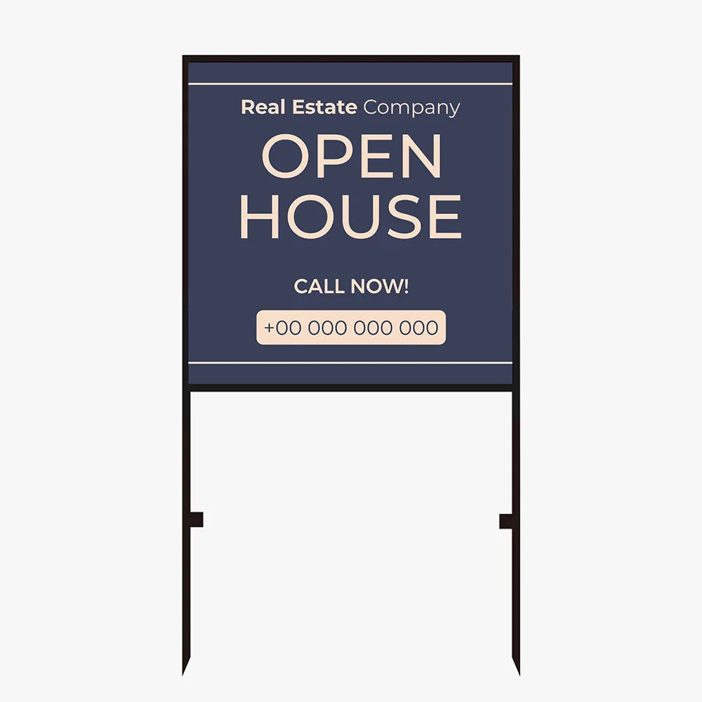 Custom real estate open house yard sign with phone number placeholder