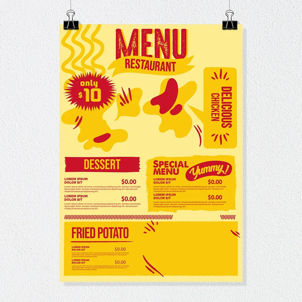 Yellow restaurant menu poster design with red text and food illustrations.