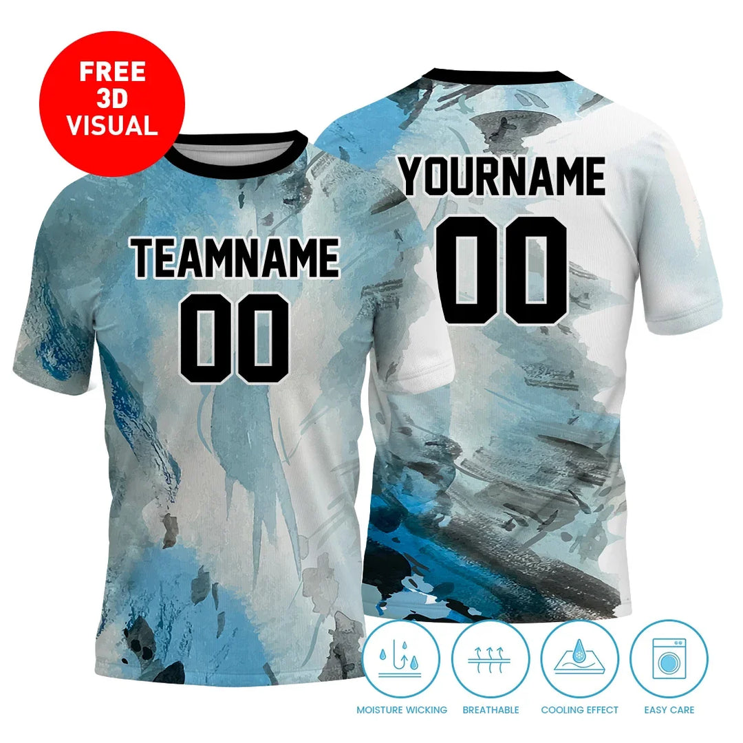 Custom blue and white abstract print athletic jerseys with personalized names and numbers.
