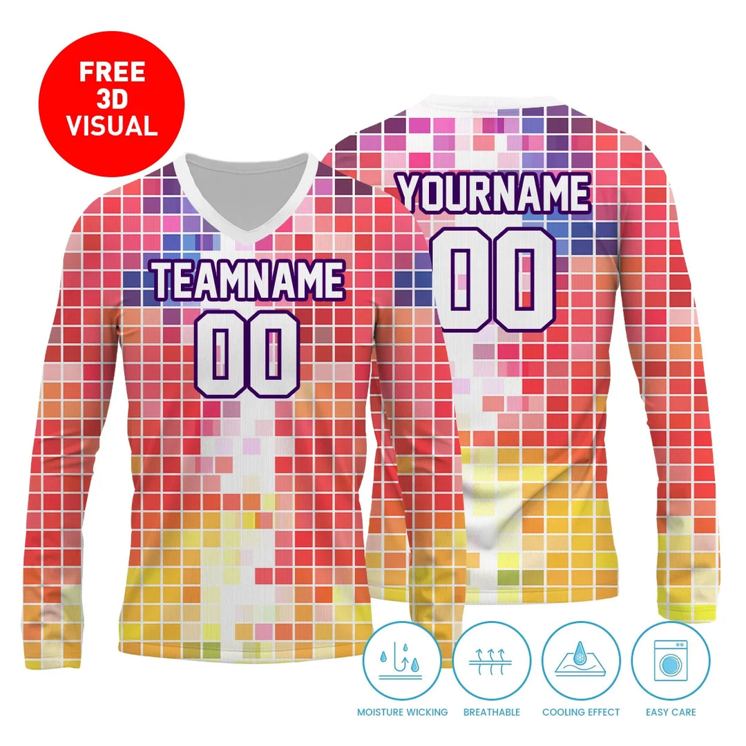 Custom red and yellow pixelated pattern long sleeve jersey with personalized name and number.