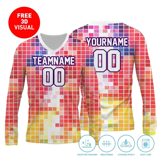Custom red and yellow pixelated pattern long sleeve jersey with personalized name and number.