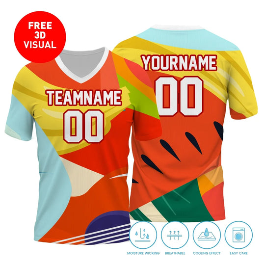 Front and back view of a custom colorful athletic jersey with team name and number placeholders.