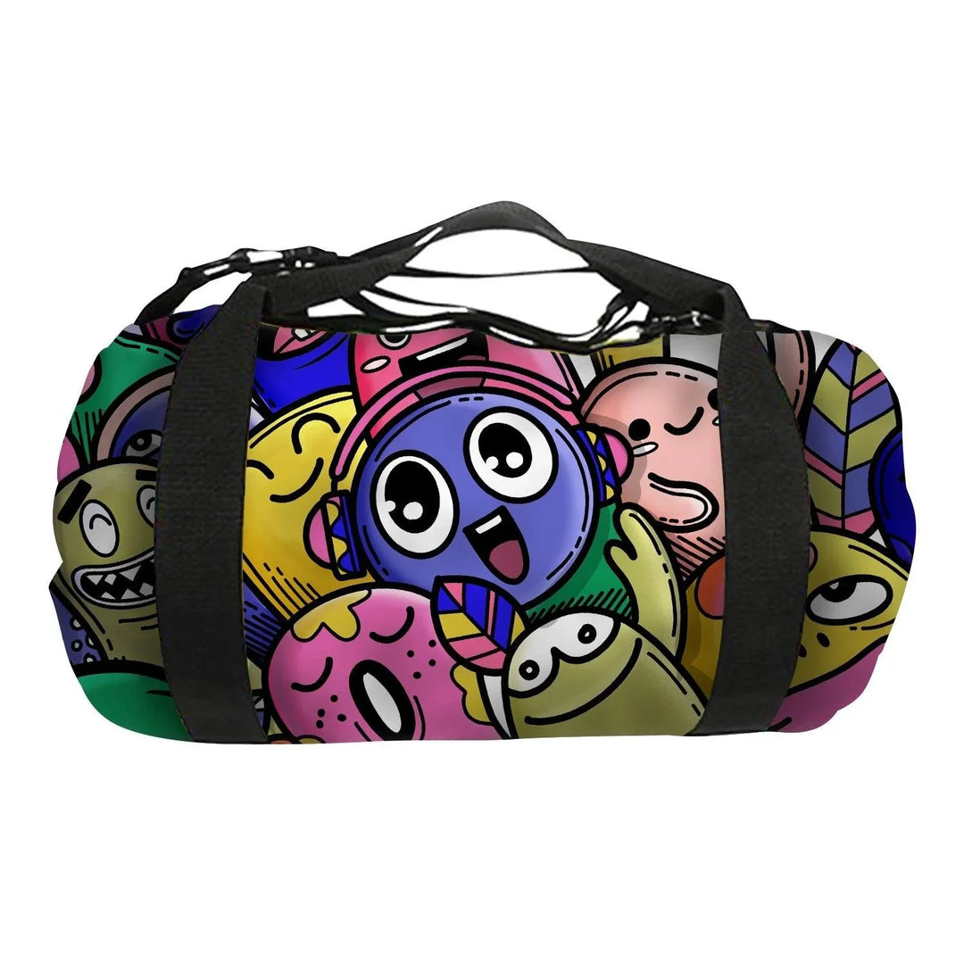 Custom duffel bag featuring colorful cartoon character patterns