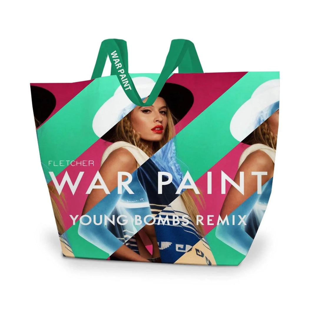 Custom printed tote bag featuring War Paint album artwork with a woman and colorful graphics