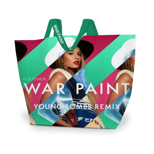 Custom printed tote bag featuring War Paint album artwork with a woman and colorful graphics