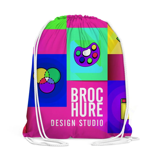 Custom drawstring bag featuring colorful graphic design and BROCHURE DESIGN STUDIO text.