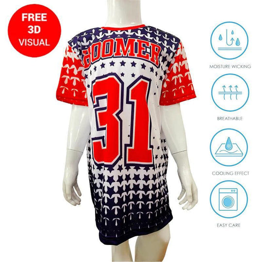 Custom red, white, and blue 3D printed sports jersey with number 31