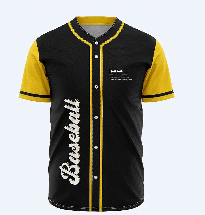 Custom black and yellow baseball jersey with white cursive text