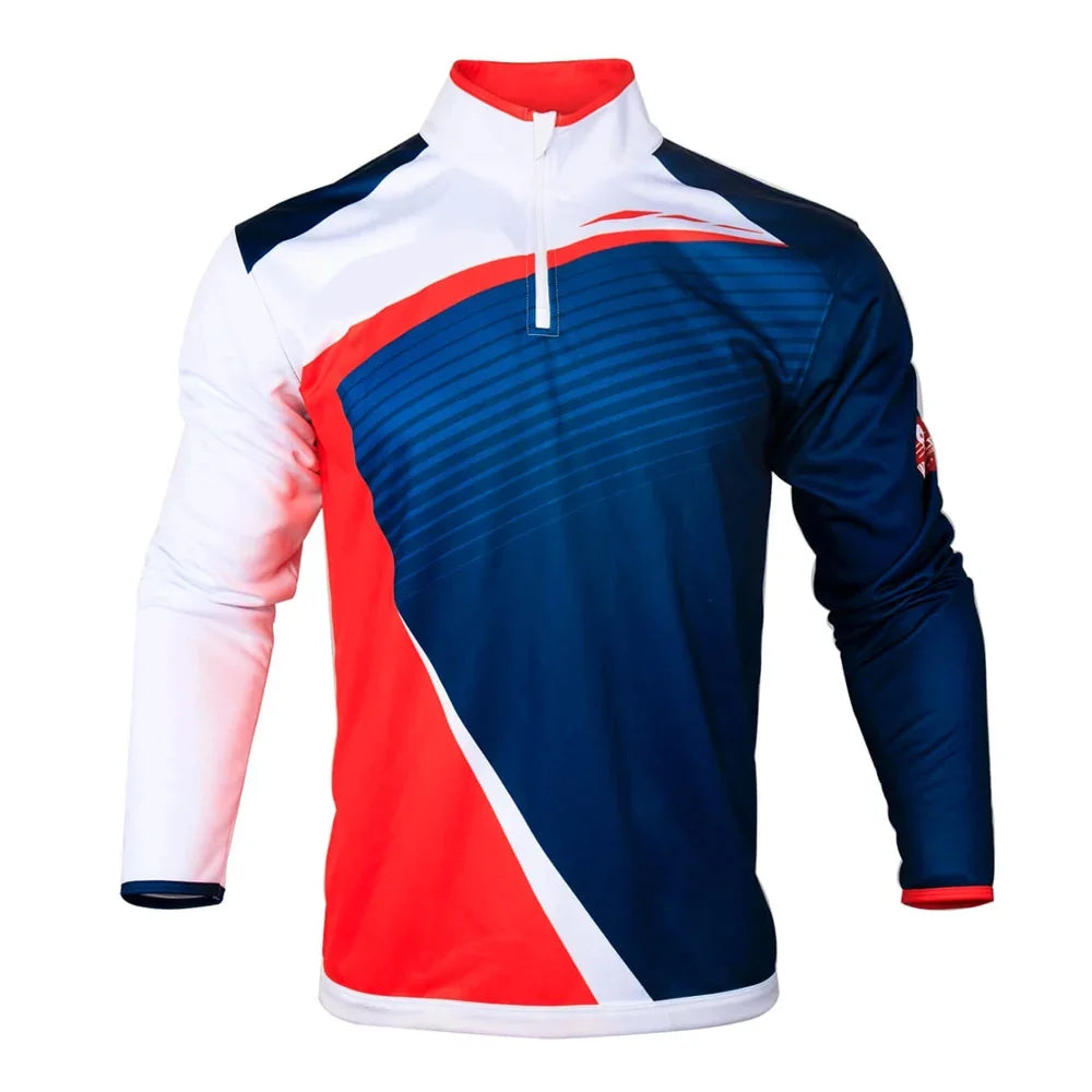 Custom navy blue, red, and white long-sleeve quarter-zip athletic apparel