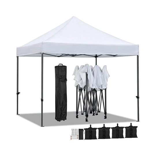 White custom pop-up canopy tent with carrying bag and weight bags