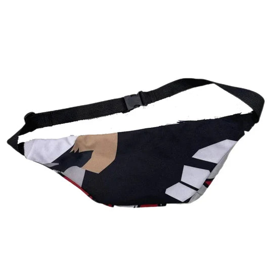 Custom printed waist bag with a black, white, and tan graphic design