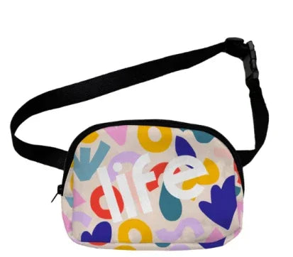 Colorful patterned fanny pack with the word 'life' printed in white