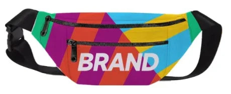Custom colorful geometric pattern fanny pack with BRAND text and black straps