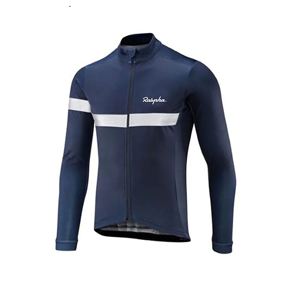 Navy blue long-sleeve athletic zip-up jacket with a white horizontal stripe and logo