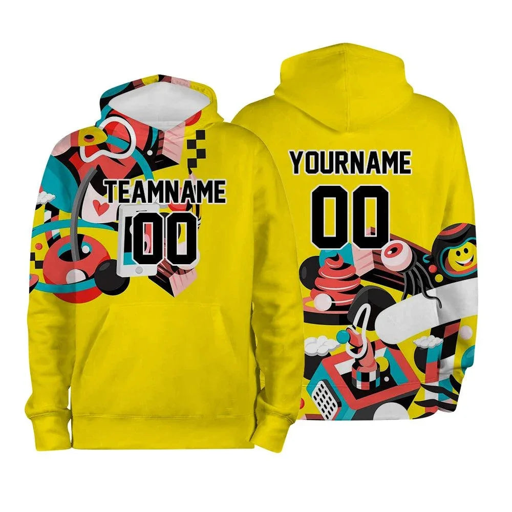 Front and back view of a custom yellow hoodie with colorful abstract graphics and text placeholders.