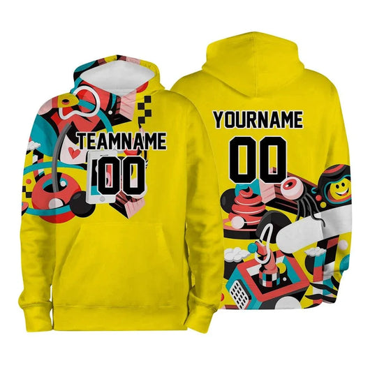 Front and back view of a custom yellow hoodie with colorful abstract graphics and text placeholders.