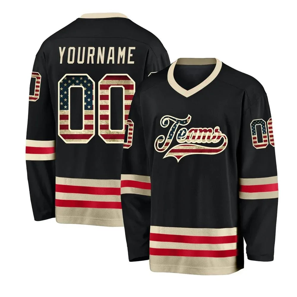 Custom black hockey jersey with American flag details and personalized name and number.