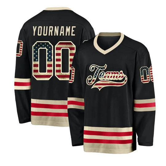 Custom black hockey jersey with American flag details and personalized name and number.