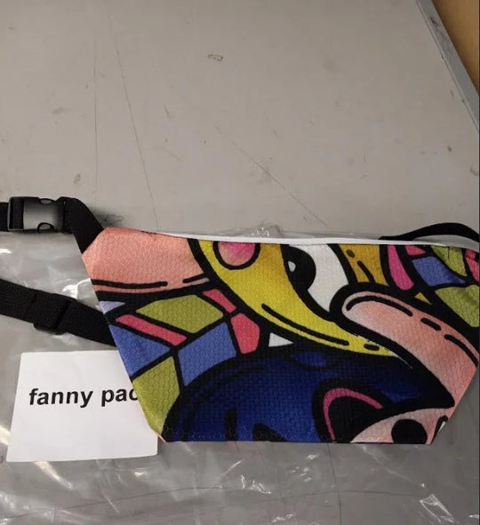 Colorful custom printed fanny pack with an abstract graphic design