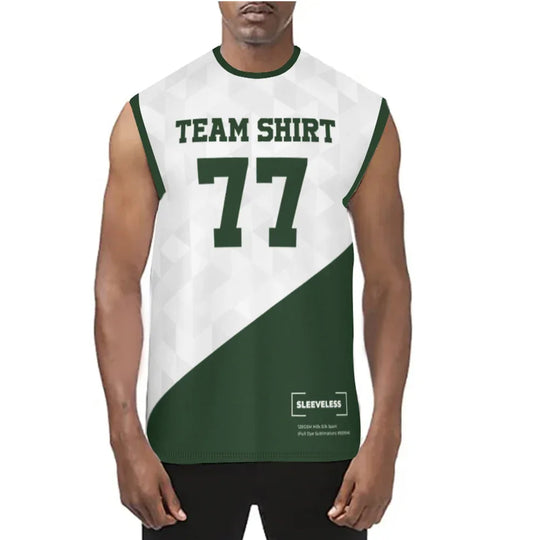 Custom white and green sleeveless team shirt with number 77