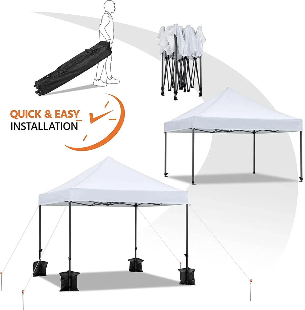 White pop-up canopy tent showing setup process, carrying case, and fully assembled views.