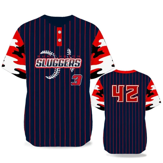 Custom navy blue pinstripe baseball jersey with red camouflage sleeves and Sluggers logo.