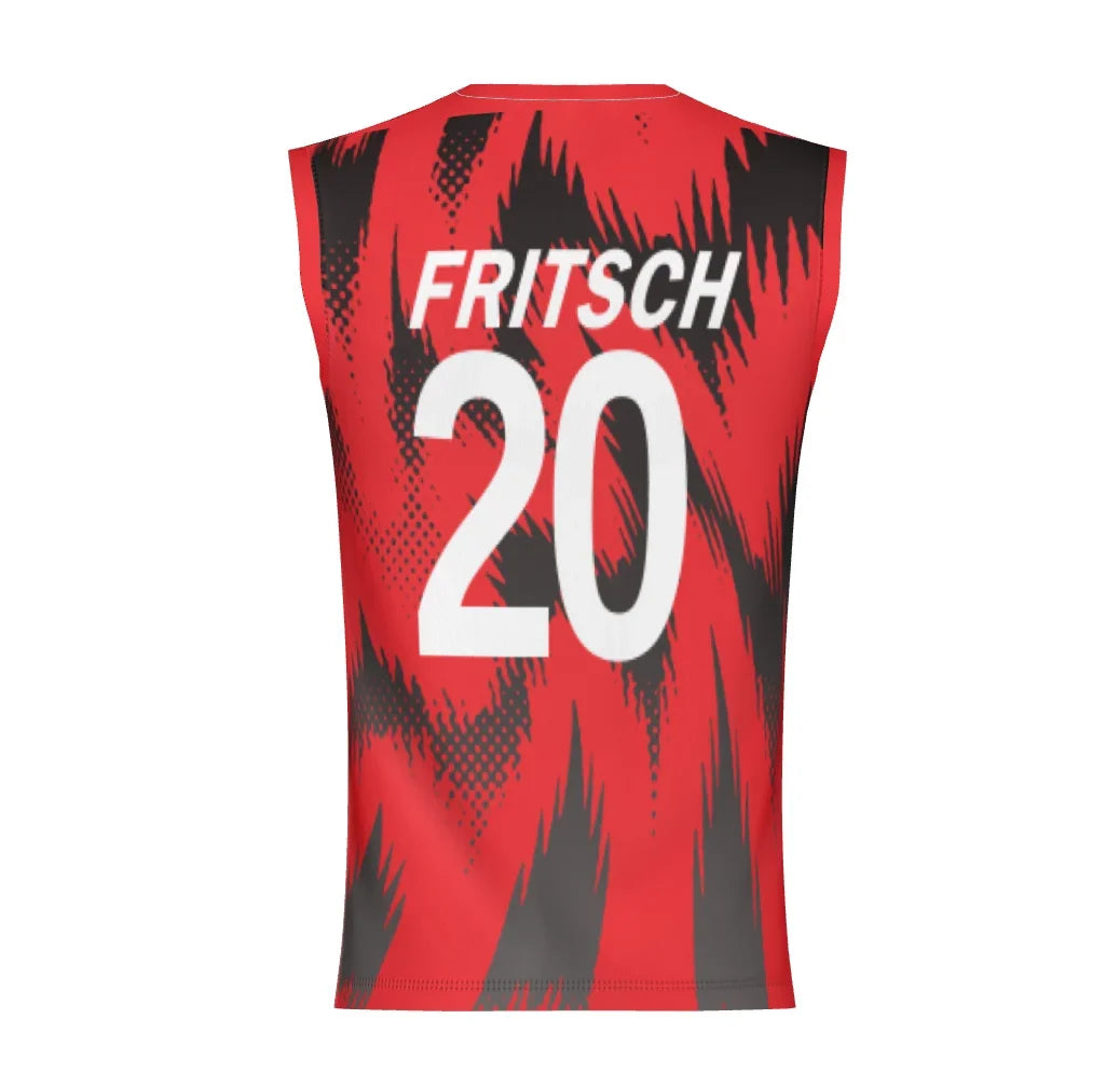 Custom red and black patterned athletic jersey with the name FRITSCH and number 20 in white