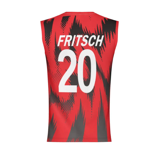 Custom red and black patterned athletic jersey with the name FRITSCH and number 20 in white
