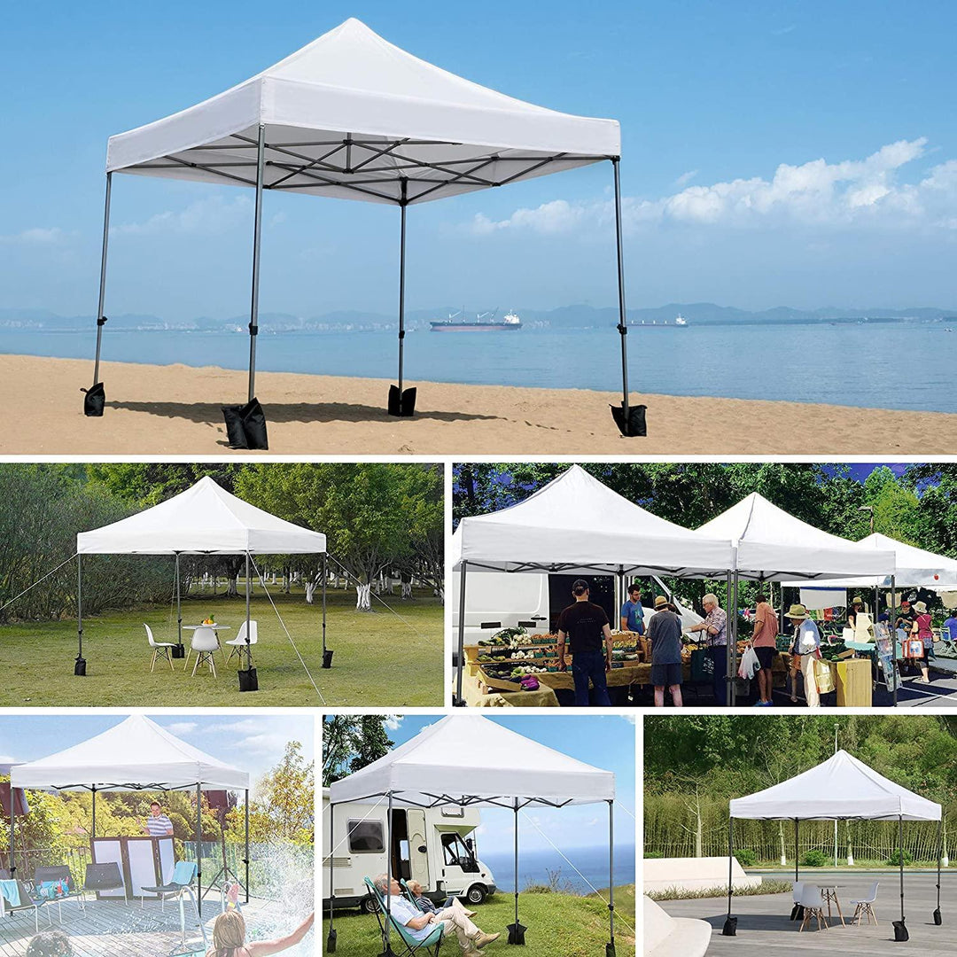 Collage showing white pop-up canopy tents used on a beach, at a market, and in a backyard.