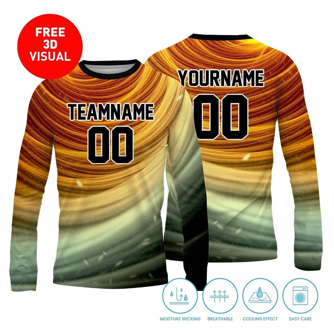 Custom long sleeve athletic jersey with orange and green gradient swirl design.