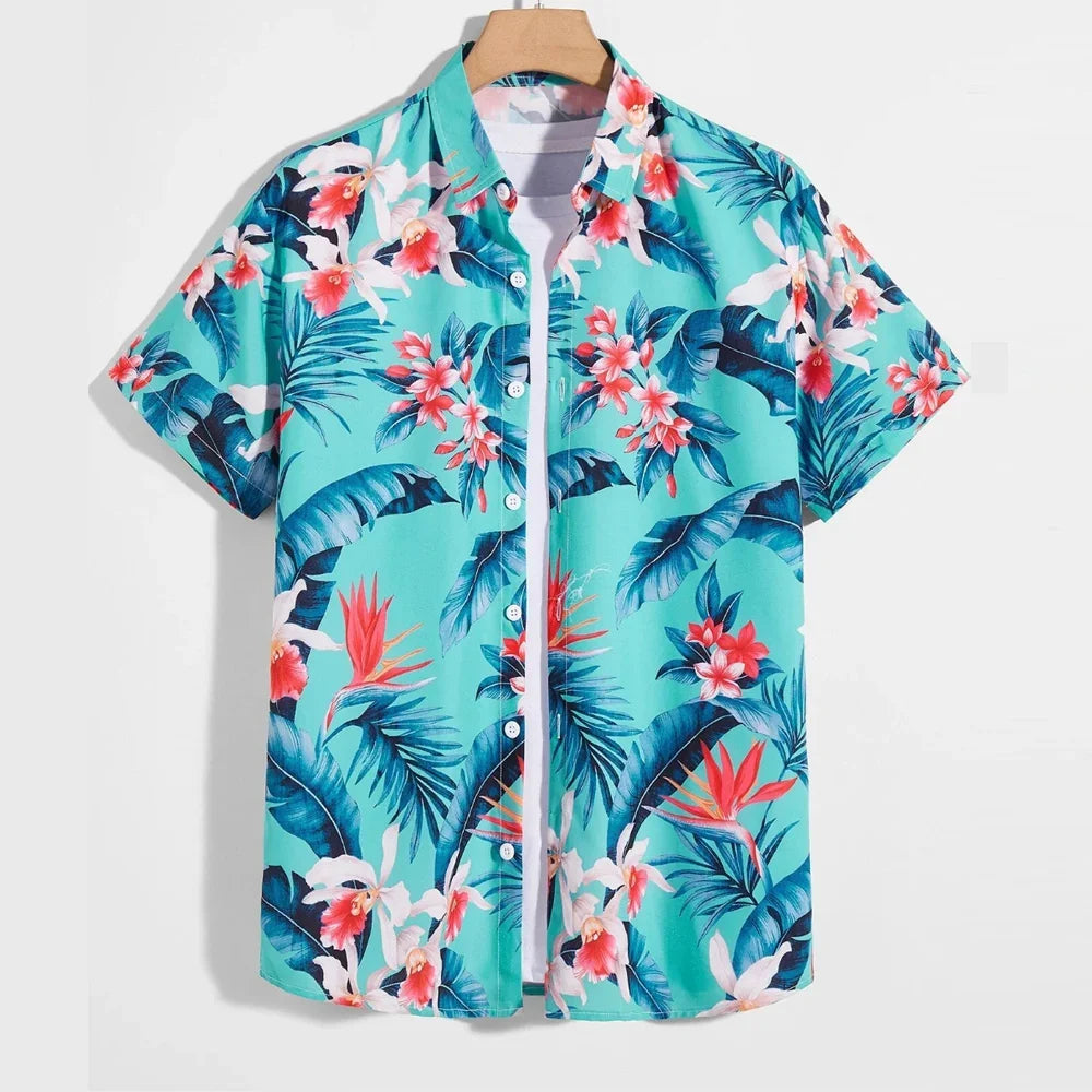 Turquoise short-sleeve button-down shirt with a colorful tropical floral and leaf print