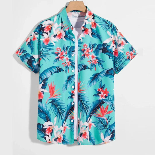 Turquoise short-sleeve button-down shirt with a colorful tropical floral and leaf print