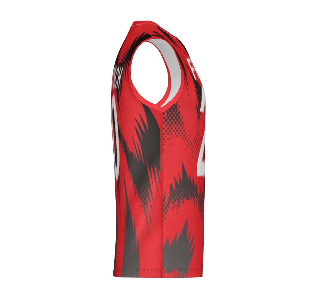 Red custom sleeveless athletic jersey with black abstract graphic patterns