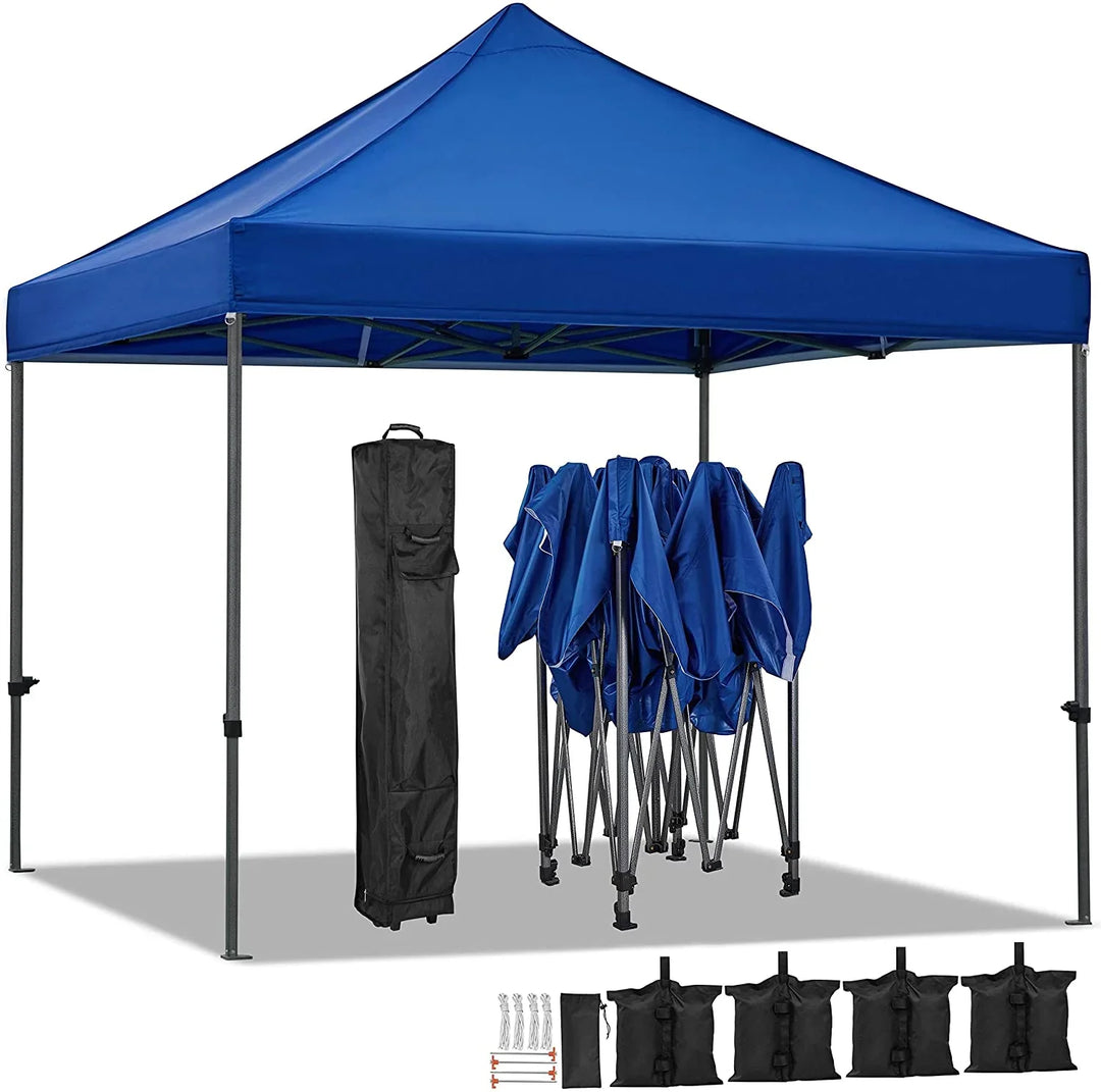 Blue popup canopy tent with matching storage bag and weight bags