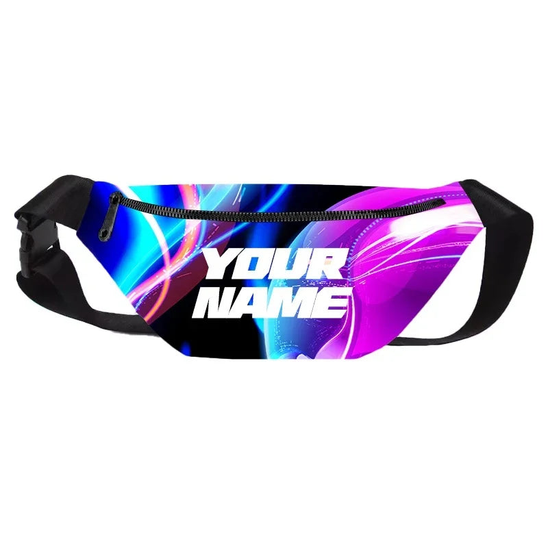 Custom waist bag with blue and purple abstract design and personalized text placeholder.