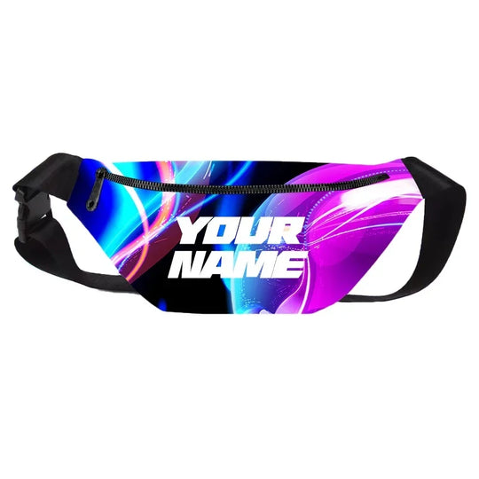 Custom waist bag with blue and purple abstract design and personalized text placeholder.