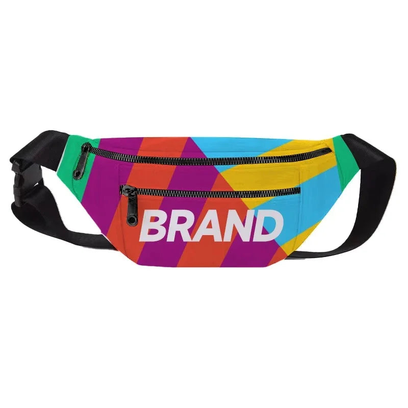 Colorful geometric patterned fanny pack with 'BRAND' text and black straps
