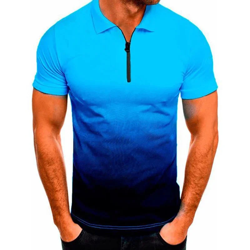 Man wearing a blue to black gradient ombre short sleeve polo shirt with a zipper collar