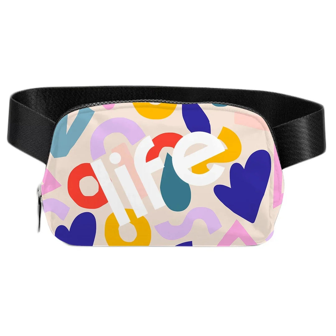 Custom fanny pack with colorful abstract shapes and the word 'life'