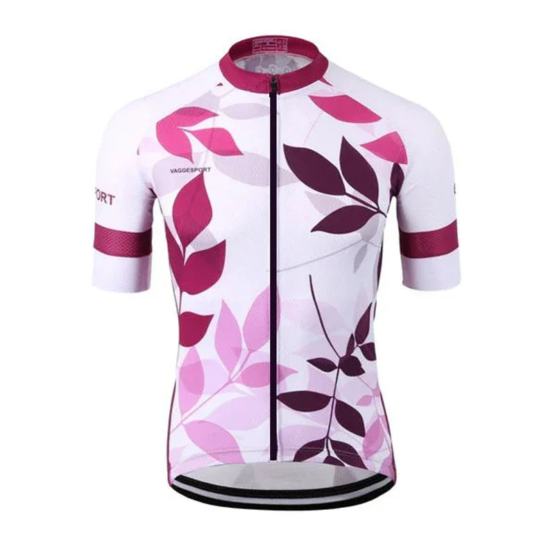 White and purple floral print cycling jersey with short sleeves