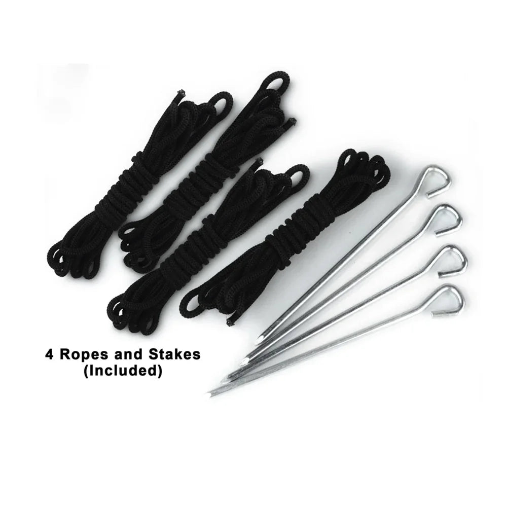 Set of four black ropes and four silver metal stakes for tents.