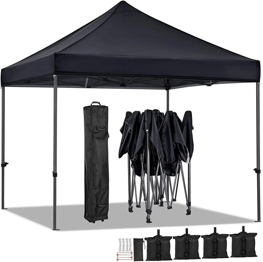 Black pop-up canopy tent with storage bag, folding chairs, and weight bags