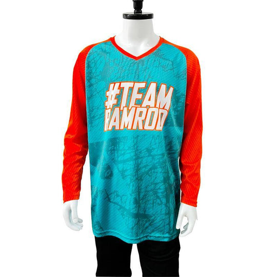 Custom teal and orange long sleeve jersey with #TEAM AMROD print on a mannequin
