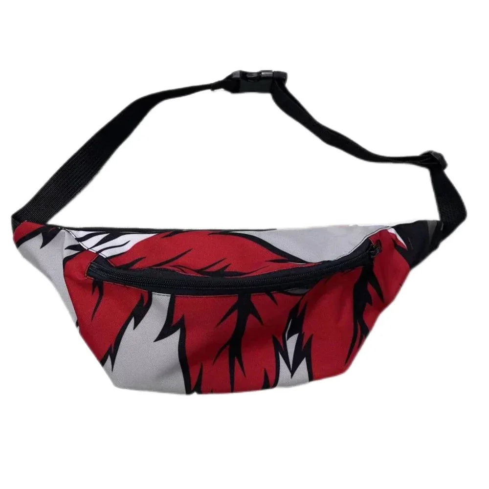 Red and grey patterned waist bag with an adjustable black strap